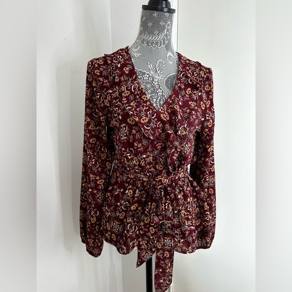 NWT Max Studio Maroon Fall Floral Ruffle Faux Wrap Long Sleeve Blouse. Medium - Picture 1 of 12